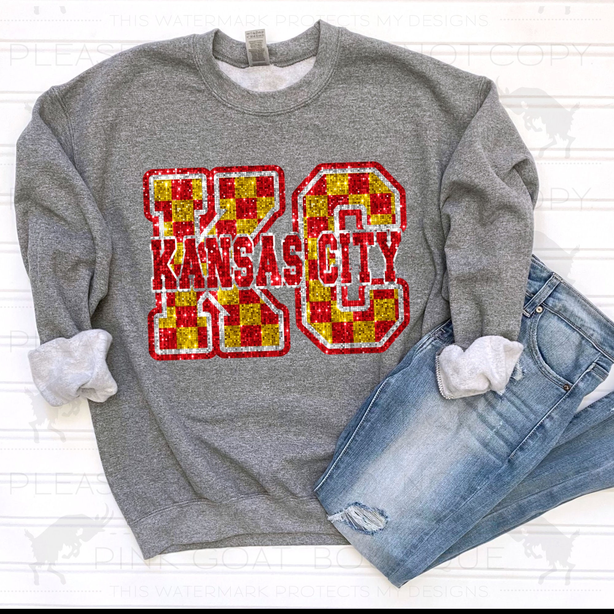 KC Sequin Football PNG Instant Download Sublimation Digital Design Decal T-shirt Football Chiefs Red Gold Kansas City Sparkle Checkered