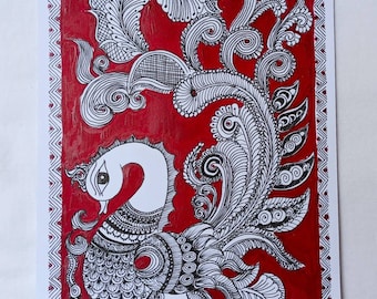 Indian Kalamkari Art on Paper with Acrylic paints for wall hanging wall decor and home decor