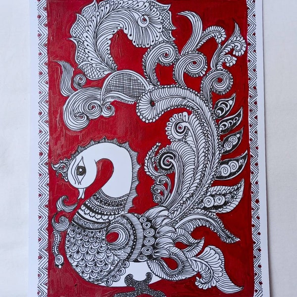 Art indien Kalamkari sur papier avec peintures acryliques pour la décoration murale et la décoration intérieure
