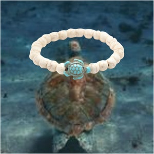 Summer Sea Turtle Cream natural stone and elastic Boho beach bracelet unisex