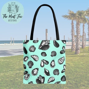Mint Tragetasche mit schwarz & weiß skizzierten Muscheln-Beach Tote Bag-Laune Tasche-Sommer-Accessoires-wiederverwendbare Tasche