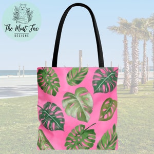 Rosa Aquarell Monstera Blätter Einkaufstasche-Tropische Strandtasche-Monstera Blatt Tasche-wiederverwendbare Tasche-**