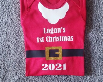 Baby personalised christmas santa claus pyjamas babygro customised with any name and year