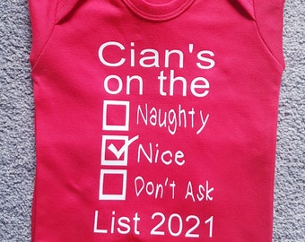 Baby personalised christmas nice list pyjamas babygro customised with any name and year