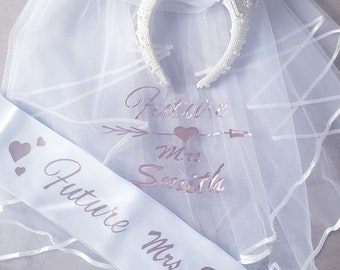 THE BRIDE HEADBAND Personalised hen party bride chunky pearly headband with personalised veil attached and personalised luxe sash