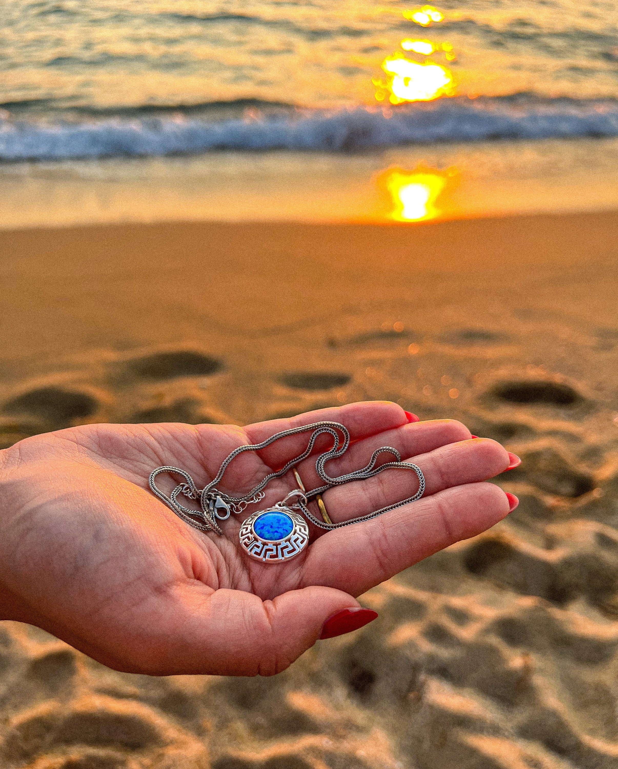 Meander Pendant with Blue Opal Stone / Semiprecious/ Silver 925 / Handmade / Ancient Greek / MeanderArt