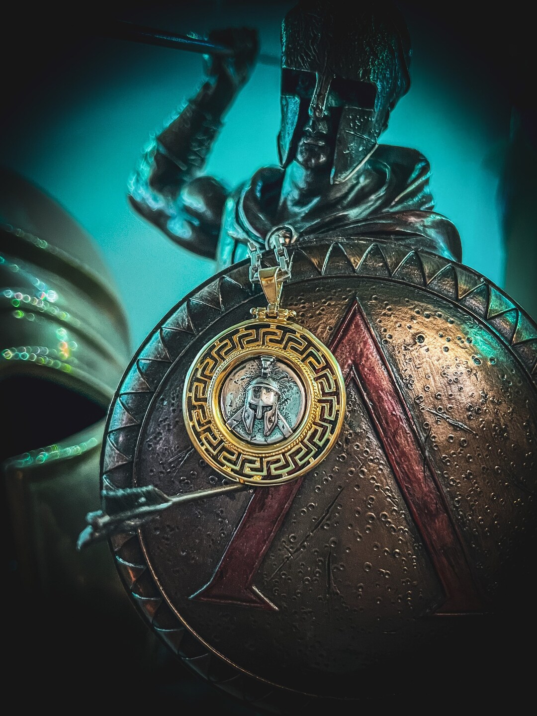 Spartan Shield With Greek Helmet and Gold Plated Meander / Etsy