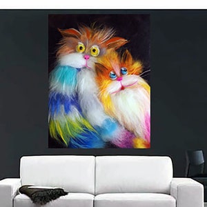 Tableau sur laine Loving Cats : oeuvre d&#39;art colorée arc-en-ciel