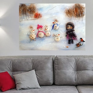 Felt winter landscape, Handmade wool art,Original felted painting,Felt wall art,Painting with wool,Fiber art mixed media,Painting with wool
