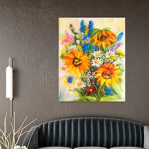 Girasol, pintura de lana, arte de pared, pintura moderna de lana, arte de fieltro, pintura de fieltro original, pintura de lana, acuarela de lana.