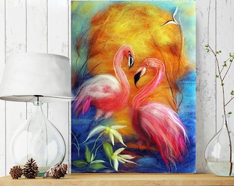 Peinture en feutre Peinture en laine Art mural Art de la laine fait à la main Peinture feutrée originale Peinture de laine Aquarelle flamant rose Ukraine