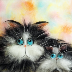 Image de laine, image de chats, peinture de laine, image feutrée, art mural peinture feutrée originale peinture de laine aquarelle de laine