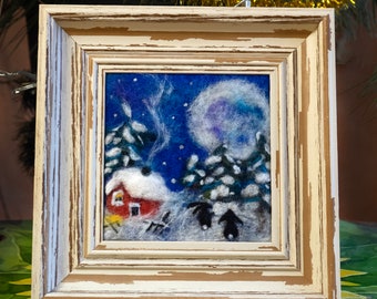 Mini art, winter landscape, Wool painting, Wall art, Handmade wool art, Original felted painting, felt art