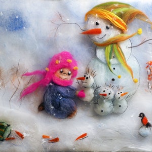 Felt winter landscape, Handmade wool art,Original felted painting,Felt wall art,Painting with wool,Fiber art mixed media,Painting with wool