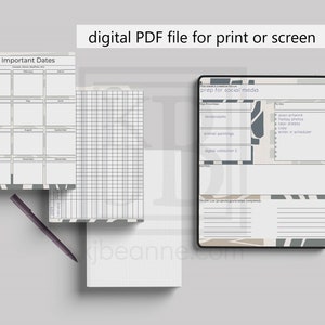 May include: Three printable digital planner pages in a light gray and white color scheme. The first page is a calendar with the title "Important Dates". The second page is a gridded page. The third page is a planner page with the title "Prep for Social Media" and has sections for "Top Priorities", "To Do", and "Notes".