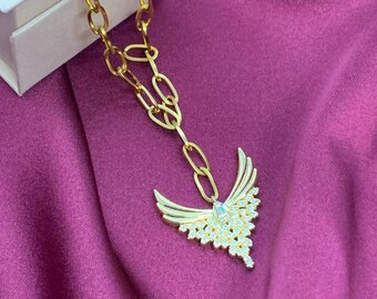 Delicado collar de oro para mujer, joyería minimalista, collar de alas de ángel de oro, regalo de aniversario para ella, collar con colgante para mujer.