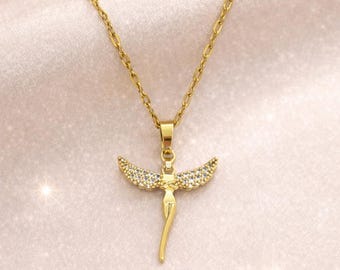 Delicado collar de oro para mujer, joyería minimalista, collar de alas de ángel de oro, regalo de aniversario para ella, collar con colgante para mujer.