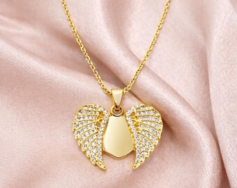 Delicado collar de oro para mujer, joyería minimalista, collar de alas de ángel de oro, regalo de aniversario para ella, collar con colgante para mujer.