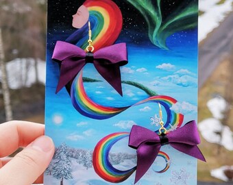 Rainbow hair girl, Art Card, Satin Ribbon Bow Earrings Set, postcard, art, purple, colorful, nature, handmade, illustration, painting