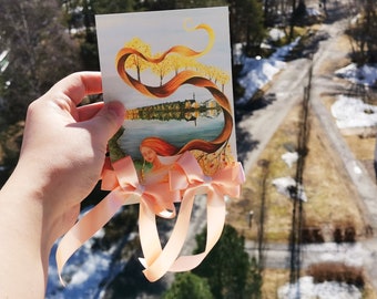 Apricot Satin Ribbon Bow Earrings with art postcard, yellow, handmade, illustration, yellow, autumn, painting, accessory, Rovaniemi, Finland