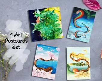 Art Design Postcards Set, Artist Post cards, Colorful painting, print, artistic, girl, hair, nature, Finland,