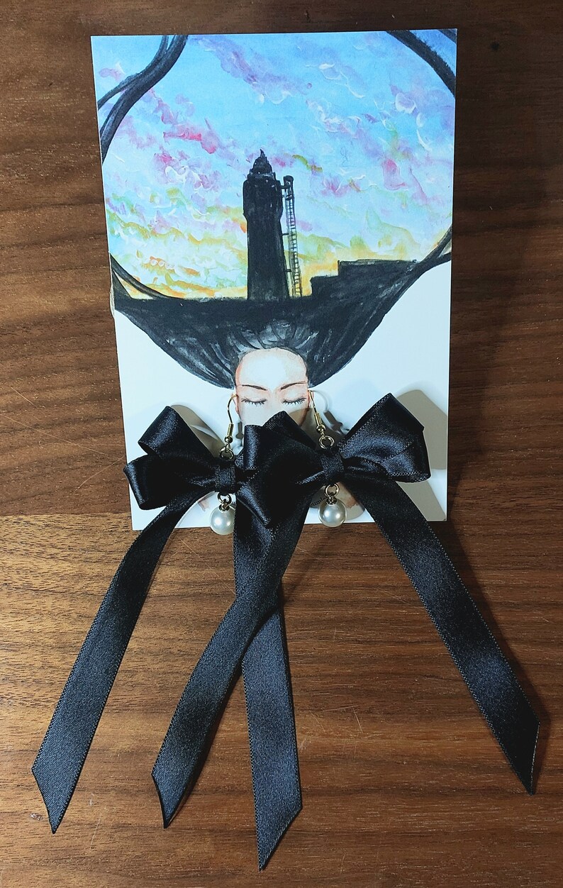 Black Satin Ribbon Bow Pearl Earrings with watercolor painting print, art, black, dark, handmade, illustration, painting, accessory image 5