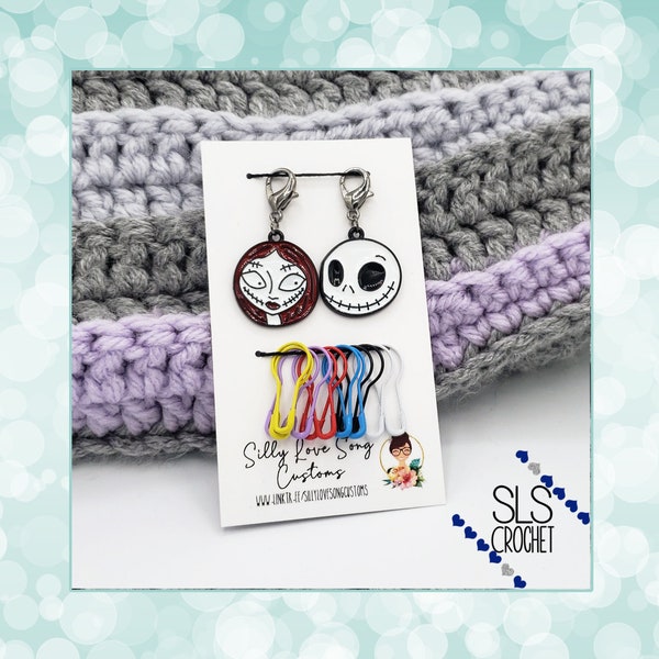 Jack & Sally Stitch Markers, bulb pins, skeletons, stitch counters, progress keepers, removable progress markers, skeleton stitch marker