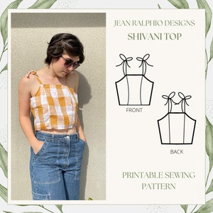 May include: A printable sewing pattern for a Shivani top, featuring a front and back view of the top with tie straps. The pattern is designed by Jean Ralphio Designs.