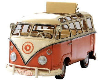 Hand painted 1966 vintage tin plate Kombi Camper Van desk tidy in orange with white roof