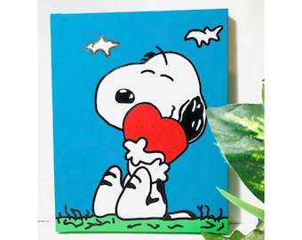 Snoopy che abbraccia un cuore - San Valentino - regalo per la persona amata, dipinto acrilico 8x10, decorazione da parete, tela fatta a mano