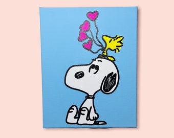 Charlie Brown - Cane Snoopy e uccello Woodstock dipinti a mano, regalo per una persona cara, dipinto acrilico 8x10, decorazione da parete per la stanza, cartone animato fatto a mano