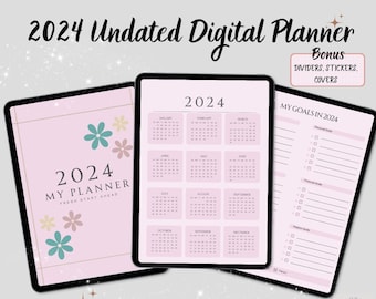 2024 デジタル プランナー、かわいいピンクの日付なし Goodnotes プランナー、最高のデジタル プランナー、iPad プランナー、月間プランナー、シンプル、デジタル プランナー 2024