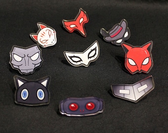 Phantom Thieves Mask 1.5" Wide Acrylic Pin, Persona 5 Pin, Persona 5 Mask Pins | Joker Mona Skull Panther Fox Queen Oracle Noir Crow Pins