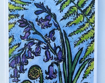 May include: A watercolour painting of bluebells and ferns on a light blue background. The flowers are purple and the ferns are green.