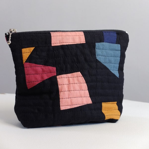 Handmade patchwork cosmetic bag, zip pouch - black and multicolour.