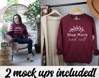 Gildan 18000 Maroon Mock Up Bundle, Herbst Maroon Mock Up, Sweatshirt hängend, Maroon 18000, süße Herbst Mock Ups, Modell Mockup Sommer