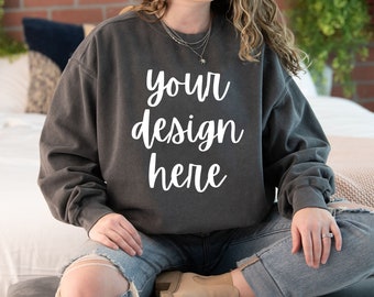 Comfort Colors 1566 Mockup Pepper, Comfort Colors Pepper Sweatshirt Mockup, Oversized Comfort Colors Mockup 1566 Pepper, Pepper Model Mockup