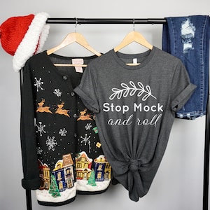 Bella Canvas 3001 Dark Grey Heather Mockup, Christmas Mockup, Winter Mockup, Bella Canvas 3001 flat lay Mockup, Bella 3001 Hanging Mock up