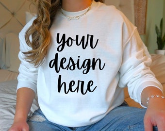 Gildan 18000 White Mockup, White 18000 Mockup, White Gildan 18000 Mockup, 18000 White Model Mockup, White Gildan 18000 Sweatshirt Mockup