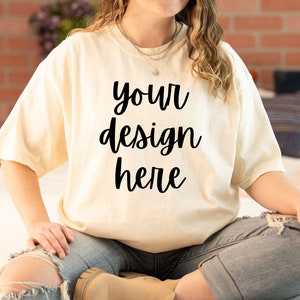 Comfort Colors C1717 Mockup Ivory, Comfort Colors Ivory Mockup, Oversized Comfort Colors Mockup C1717 Ivory, Comfort Colors Model Mockup