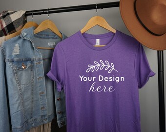 Heather Team Purple Bella Canvas 3001 Mockup, Lila Bella Canvas 3001 flach legen Mockup, hängendes Mockup 3001 T-Shirt, Boho 3001, süßes Herbst Mockup
