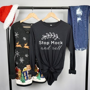 Bella And Canvas 3501 Mockup, Christmas Mockup, Hanging 3501 Mock Up, Black 3501 Long Sleeve Mock Up, Women&#39;s Winter 3501 Mock up