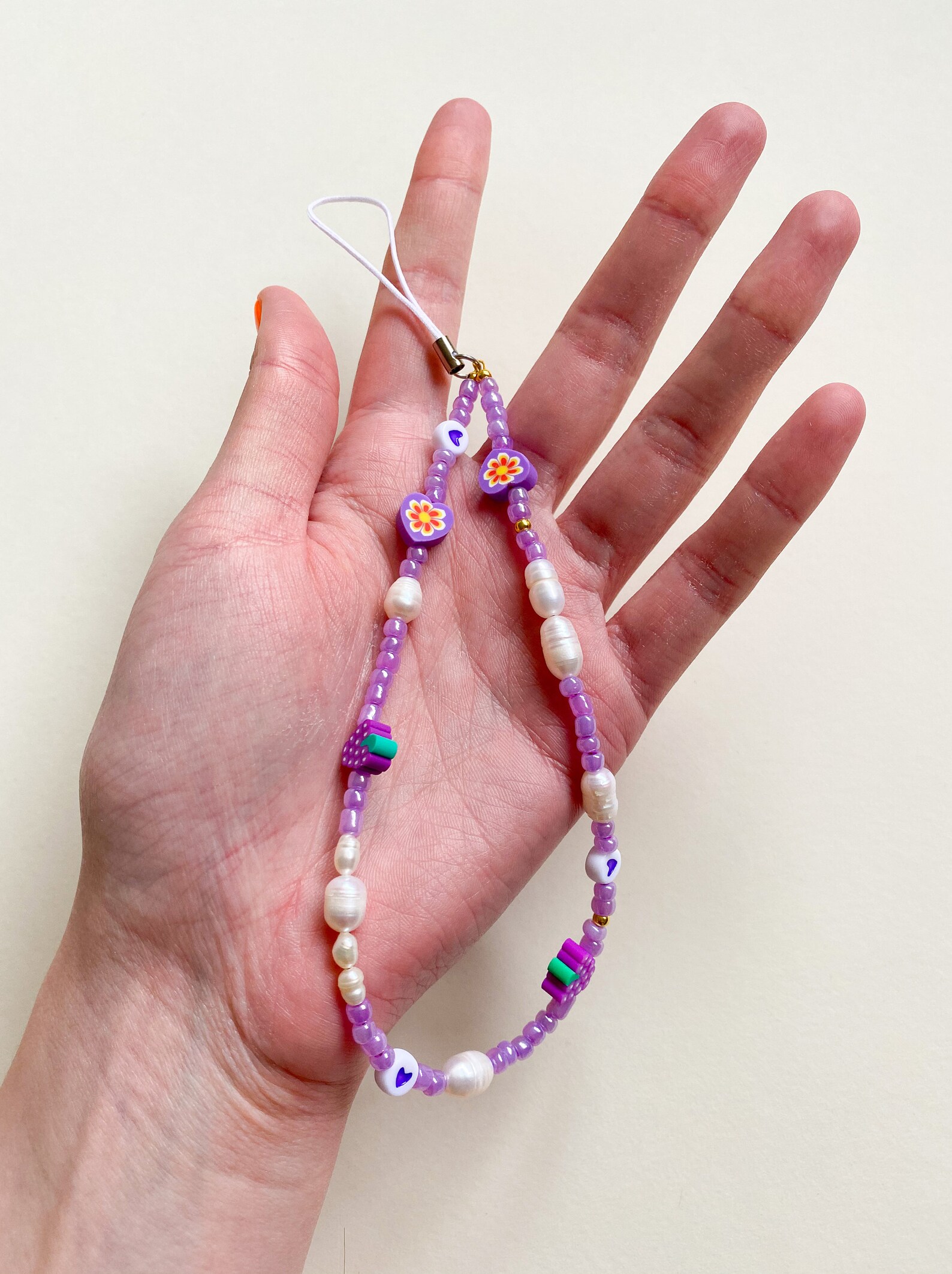 Purple beaded phone strap with pearls Purple phone charm | Etsy How To Make A Beaded Phone Strap