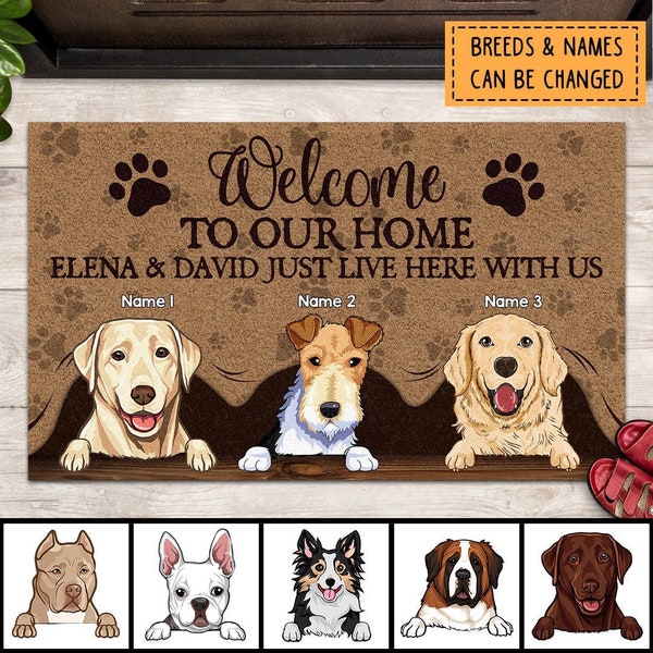 Alfombra de bienvenida para perros personalizada, felpudo de bienvenida a nuestro hogar, felpudo para perros lindo, regalo para los amantes de los perros, alfombra de bienvenida divertida, regalo de inauguración de la casa