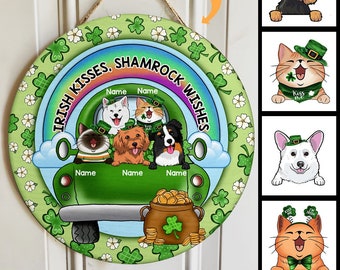 Personalized Pet Door Hanger, Irish Kisses Shamrock Wishes, Irish Dog Cat Door Hanger, Pets On Green Cat, St Patrick's Day, Pet Door Decor