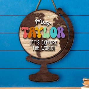 Personalized Welcome Teacher Door Sign, Custom World Map Adventure Theme Classroom Sign, Back To School Gift, Welcome Sign Gift For Teacher