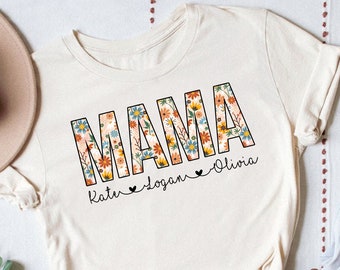 Mama Floral Shirt, Personalized Mom Shirt With Kids Names, Gift For Mom, Mother's Day Shirt, Custom Kid's Names Mom Shirt, Retro Mama Shirt