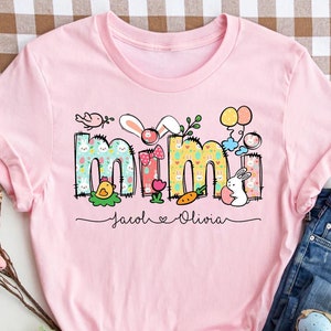 Easter Mimi Shirt, Personalized Mimi T-shirt, Cute Mimi Shirt, Easter Shirt, Custom Grandma Shirt With Grandkids Names, Mimi Bunny Shirt