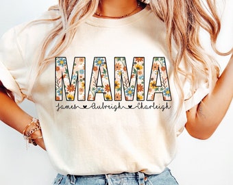 Mama Floral Shirt, Personalized Mom Shirt With Kids Names, Gift For Mom, Mother's Day Shirt, Custom Kid's Names Mom Shirt, Retro Mama Shirt