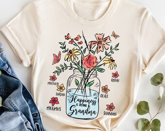Personalized Grandma Shirt with Grandkids Names, Happiness is Being a Grandma Flower Shirt, Mothers Day Gift for Grandma, Mother's Day Shirt